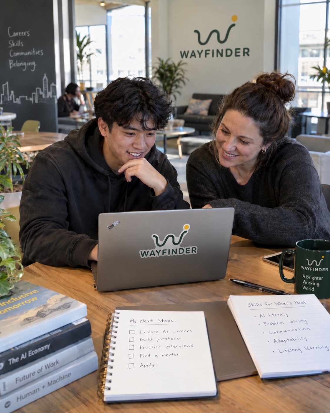 Illustrative scene of a mentor and learner reviewing a project